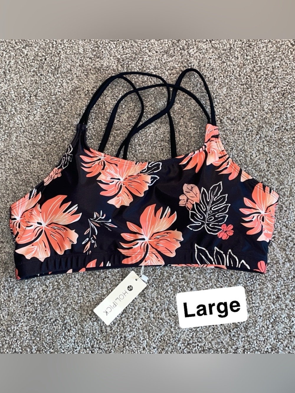 Floral Strappy Bikini Top in Black & Coral - Hollipack